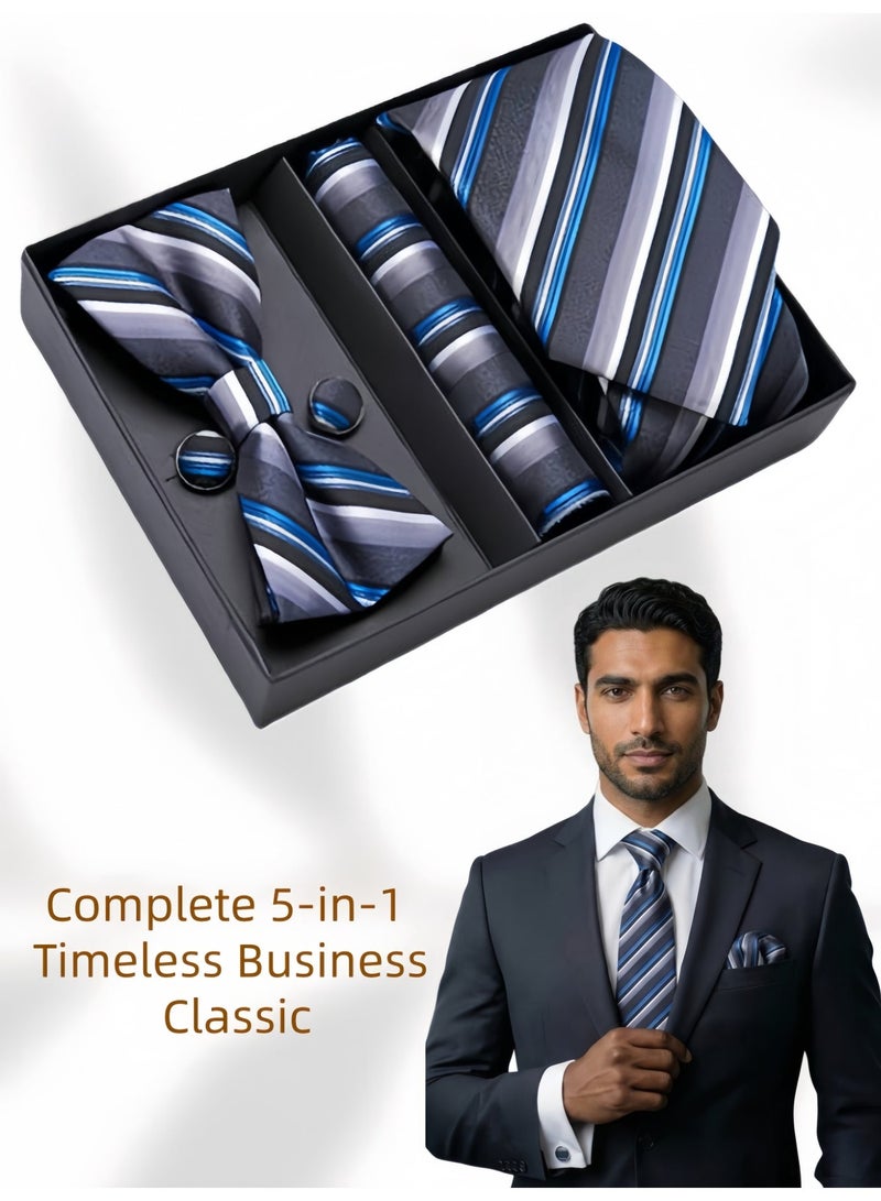 Hiras Men's Striped Tie Gift Set for Wedding & Business | Complete Accessory Collection (Tie, Bow Tie, Cufflinks, Pocket Square) - Grey Blue - Image 1